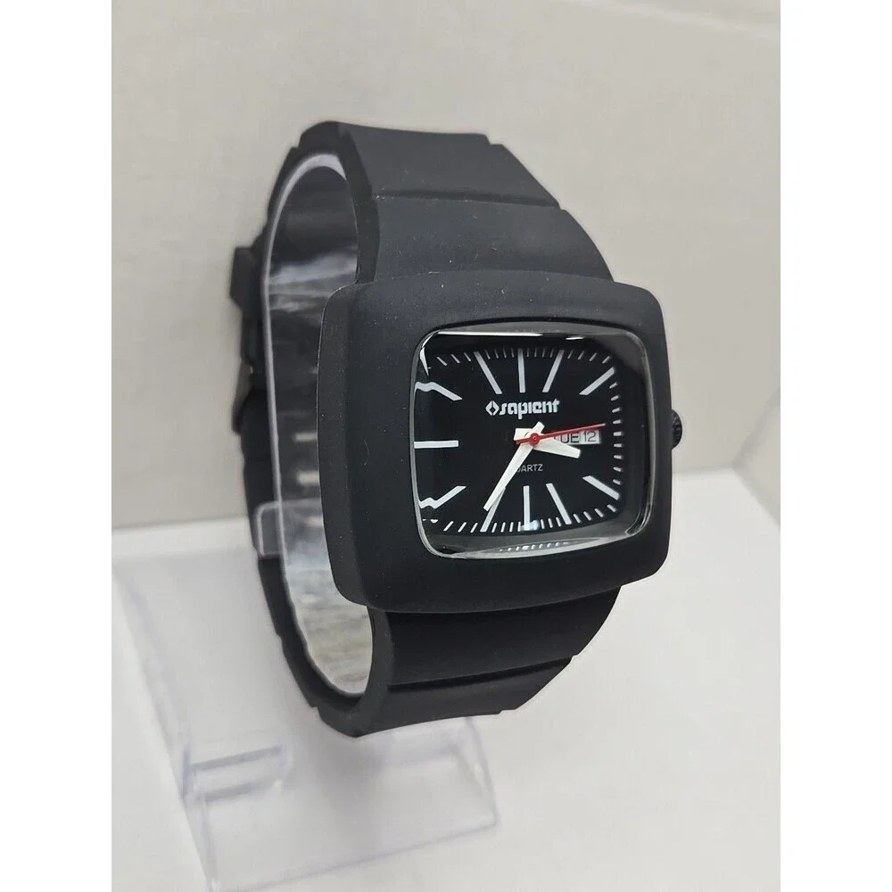 Sapient Timeless Black Silicone 46mm Day Date Quartz Watch New Battery Mens
